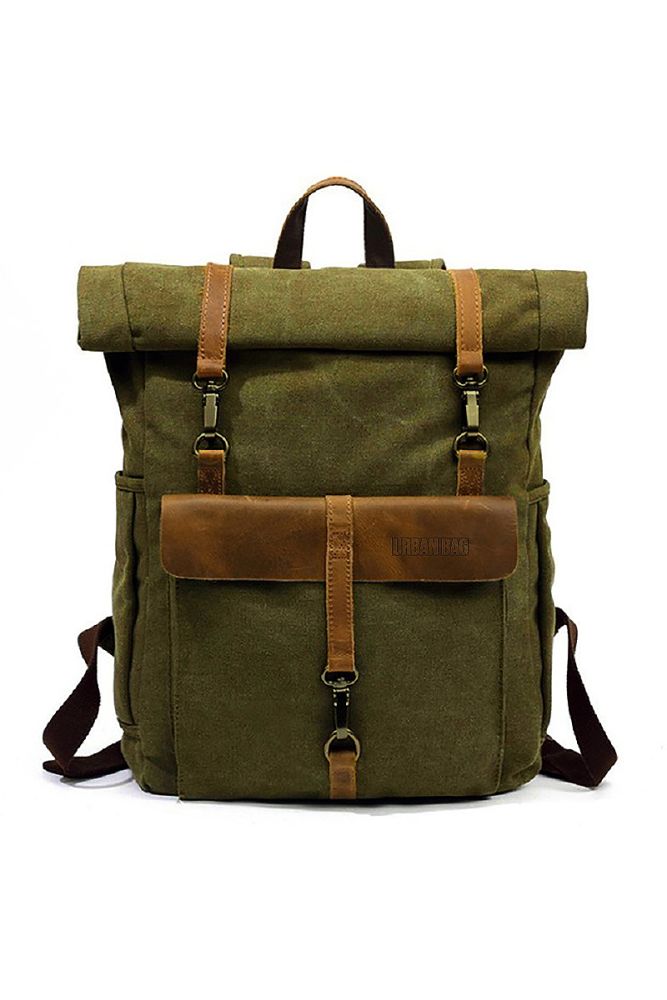 Leather and waxed canvas backpack URBAN BAG Chester Green